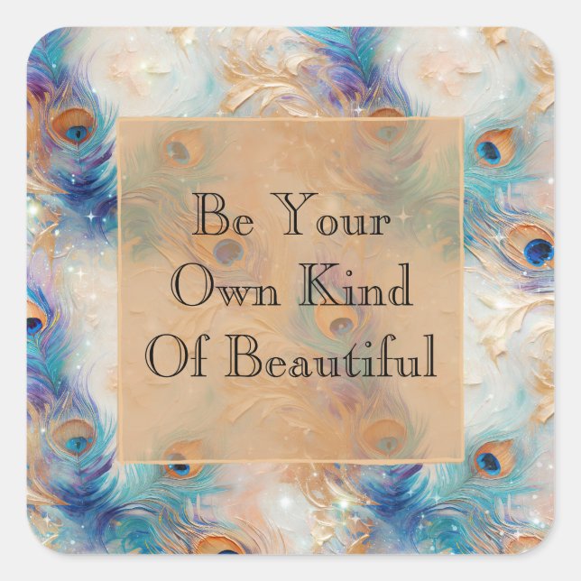 White Aqua Gold Peacock Feathers Square Sticker (Front)