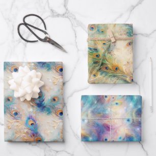 White Aqua Gold Peacock Feathers Wrapping Paper Sheets