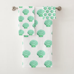 WHITE AQUA GREEN SEASHELL BATHROOM TOWEL SET