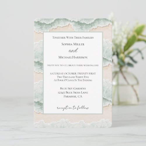 White Aqua Mint Sand Ocean Beach Stripes Wedding Invitation