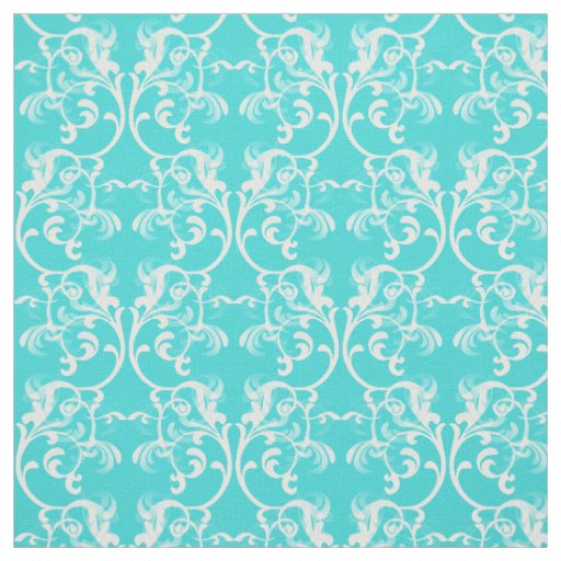 White Aqua Parisian Damask Pattern Fabric