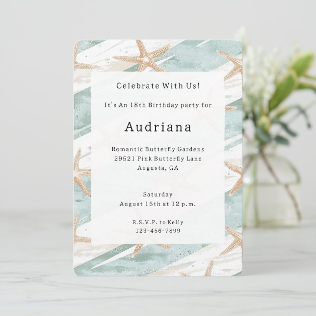 White Aqua Starfish Beach Birthday   Invitation (Standing Front)