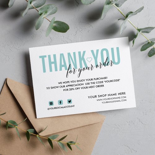 WHITE AQUA THANK YOU FOR YOUR ORDER SOCIAL ENCLOSURE CARD