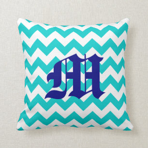 White Aqua Zigzag Pattern with Monogram Throw Pillow