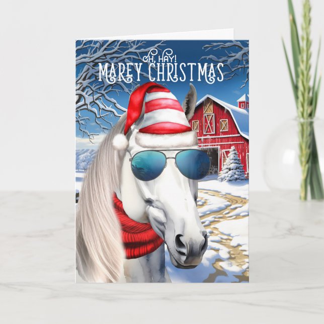 White Arabian Horse Funny MAREy Christmas Holiday Card (Front)