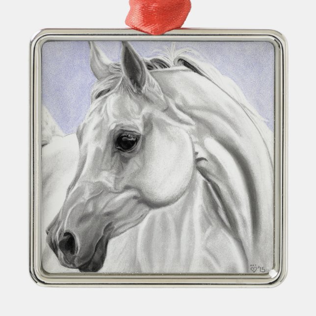 White Arabian Horse Original Art Metal Ornament (Front)