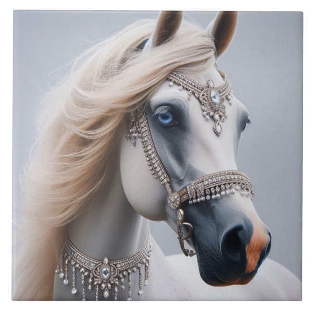 White Arabian Show Horse Ceramic Tile (Front)