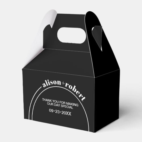 White arch and typography black minimalist wedding favor boxes
