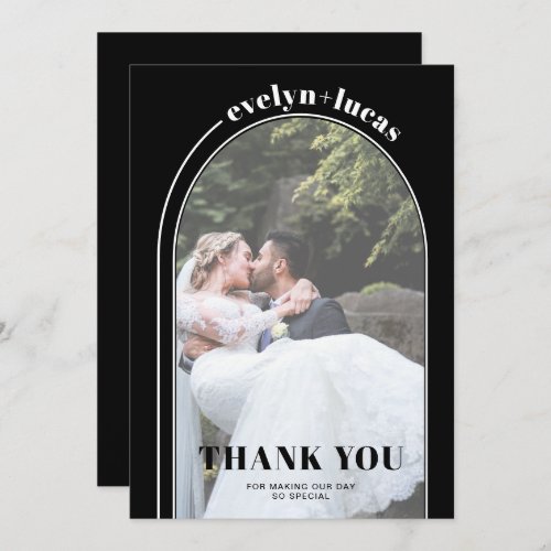 White arch and typography black photo wedding thank you card