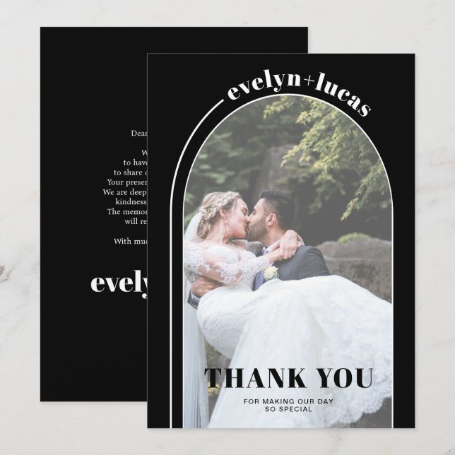 White arch and typography black photo wedding thank you card (Front/Back)