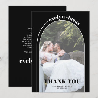 White arch and typography black photo wedding thank you card
