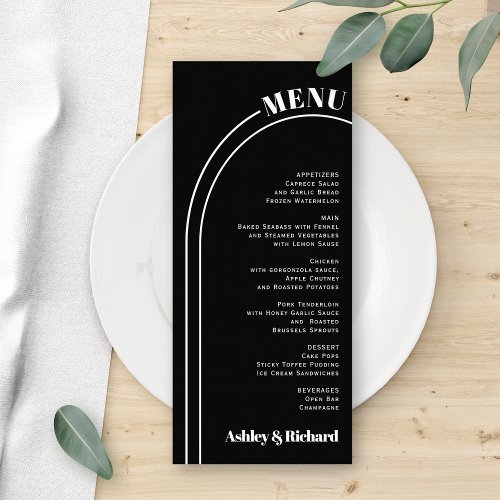 White arch and typography black wedding menu card