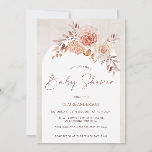 White Arch Watercolor Wood Boho Floral Baby Shower Invitation