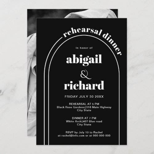 White arch wedding black rehearsal dinner invitation