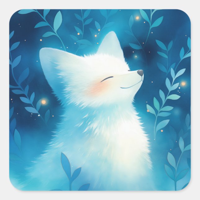 White Arctic Fox in Dreamy Blue Enchanted Forest Square Sticker (Front)