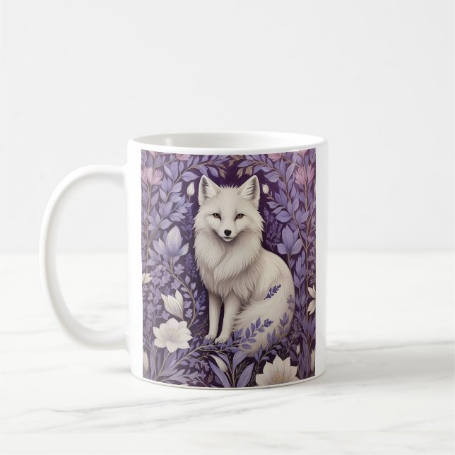 White Arctic Fox Lavender William Morris Floral Coffee Mug (Left)
