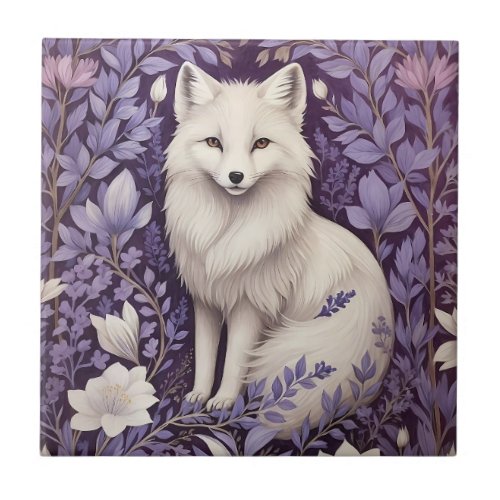 White Arctic Fox Lavender William Morris Flowers Ceramic Tile