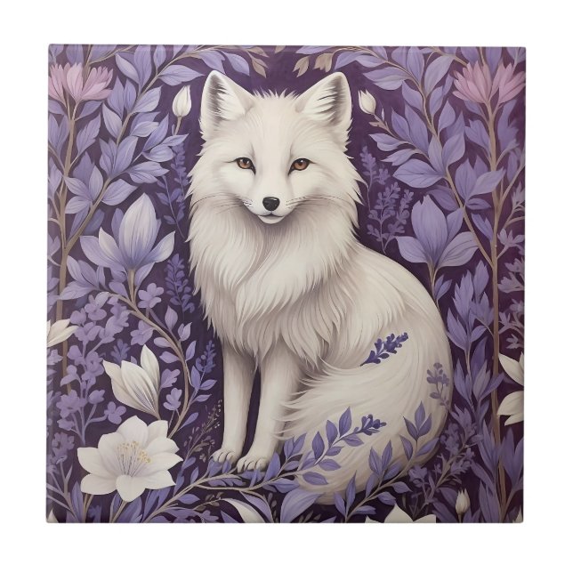 White Arctic Fox Lavender William Morris Flowers Ceramic Tile (Front)