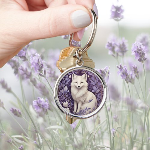 White Arctic Fox Lavender William Morris Flowers Keychain