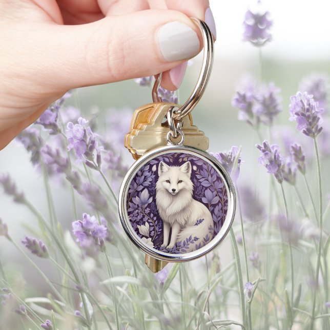 White Arctic Fox Lavender William Morris Flowers Keychain (Creator Uploaded)