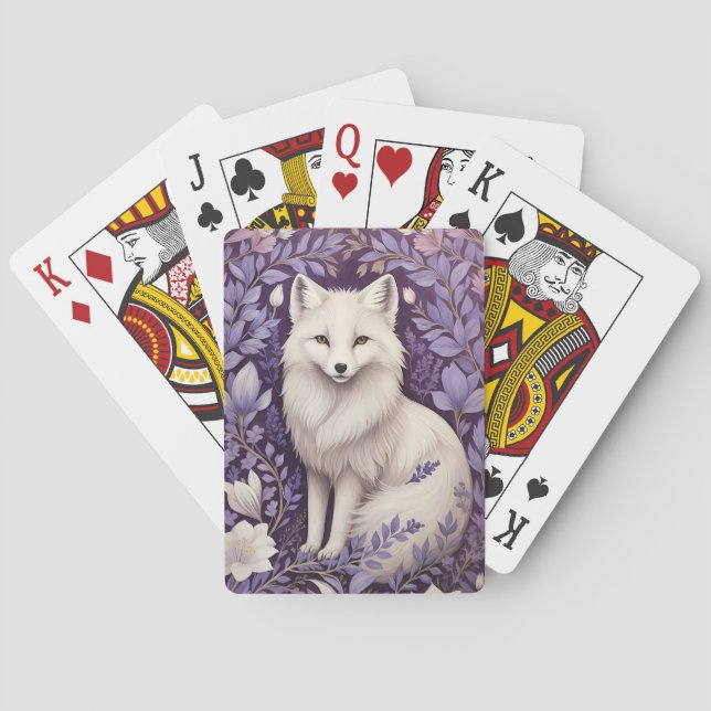 White Arctic Fox Lavender William Morris Flowers Poker Cards (Back)