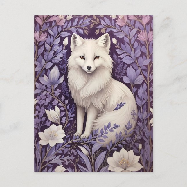 White Arctic Fox Lavender William Morris Flowers Postcard (Front)