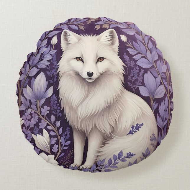 White Arctic Fox Lavender William Morris Flowers Round Pillow (Front)