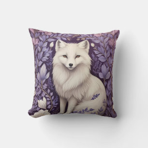 White Arctic Fox Lavender William Morris Flowers Throw Pillow