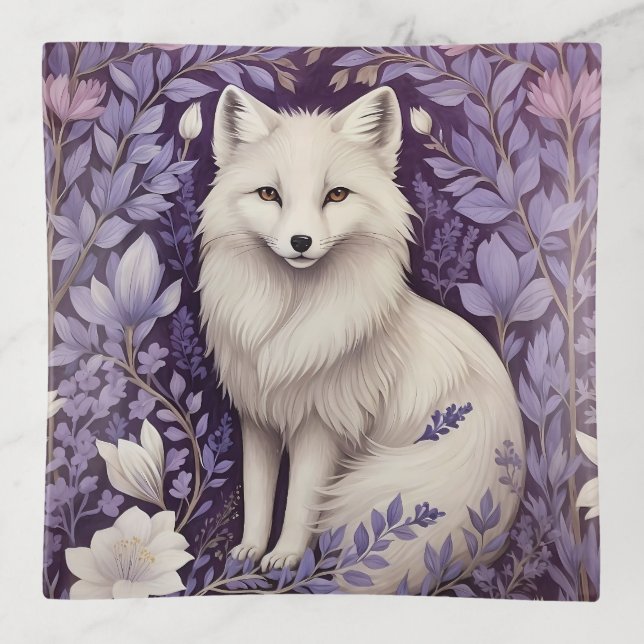 White Arctic Fox Lavender William Morris Flowers Trinket Tray (Front)