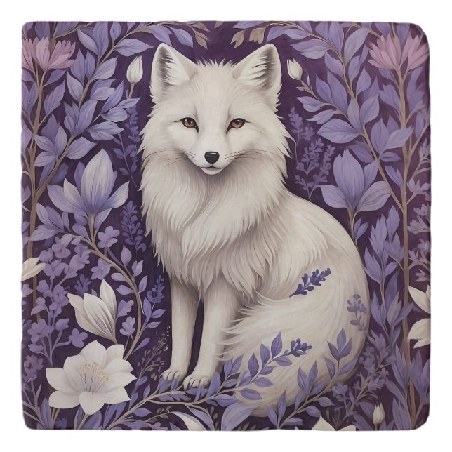 White Arctic Fox Lavender William Morris Flowers Trivet (Front)