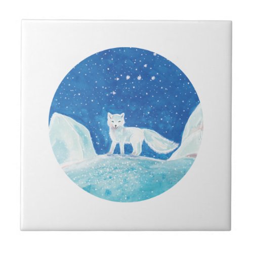 White Arctic Fox Vulpes lagopus Illustration  Ceramic Tile