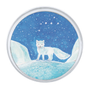 White Arctic Fox (Vulpes lagopus) Illustration  Silver Finish Lapel Pin