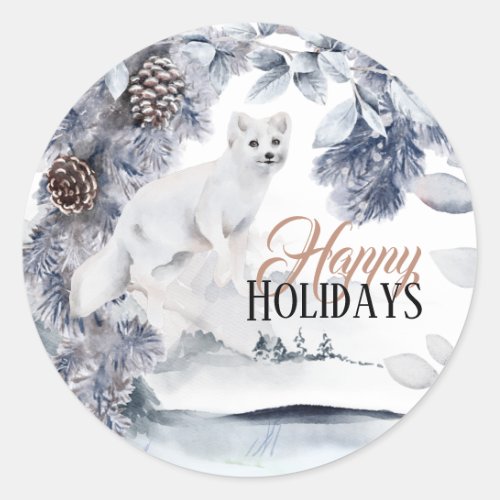 White arctic snow fox woodland winter pine tree  classic round sticker