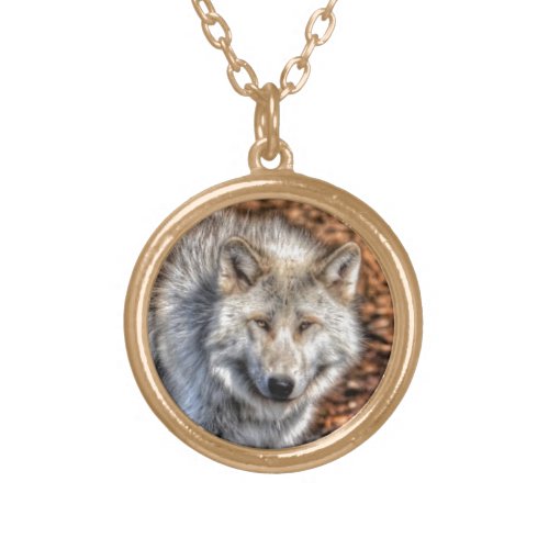 White Arctic Wolf Wildlife Portrait Gold Plated Necklace