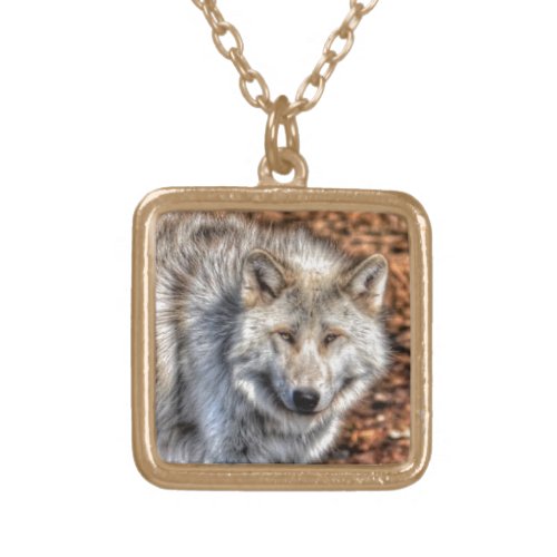 White Arctic Wolf Wildlife Portrait Gold Plated Necklace