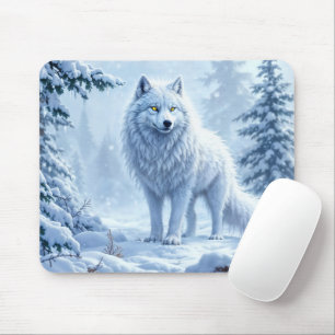 White Arctic wolf winter landscape design Mouse Pad