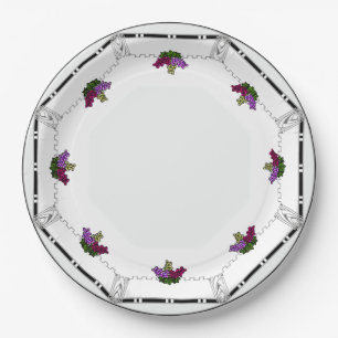 White Art Deco -Black, Silver,Violet Grapes Border Paper Plates