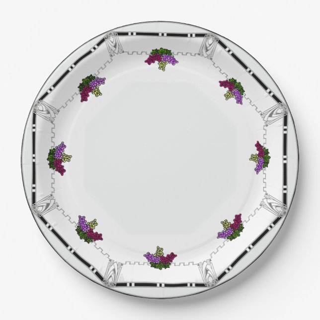 White Art Deco -Black, Silver,Violet Grapes Border Paper Plates (Front)