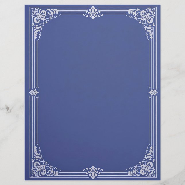 White Art Deco Frame on Dusty Blue Stationery (Front)