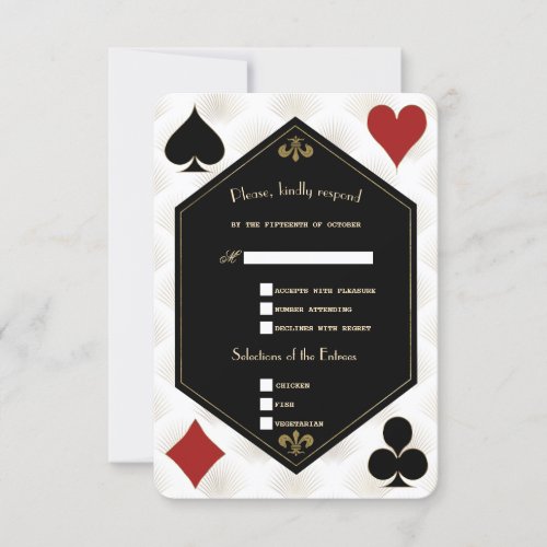 White Art Deco Gatsby Casino Vegas Poker Wedding  RSVP Card