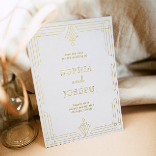 White Art Deco Gold Foil Save the Date Photo Invitation