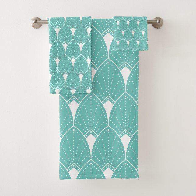 White Art Deco pattern 2 on turquoise background Bath Towel Set (Insitu)