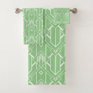 White Art Deco pattern No. 3 on light green Bath Towel Set