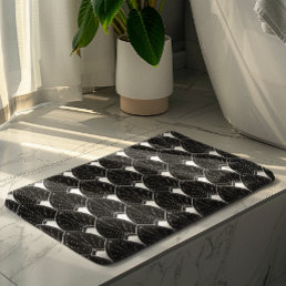 White Art Deco Pattern On Black Background Bath Mat