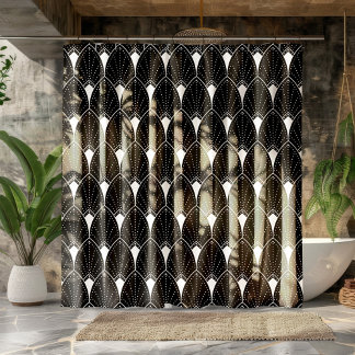 White Art Deco Pattern On Black Background Shower Curtain