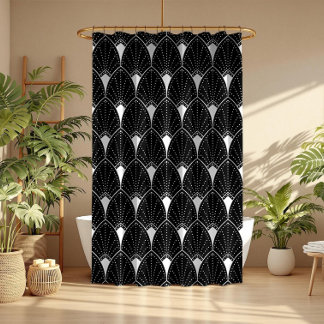 White Art Deco Pattern On Black Background Shower Curtain
