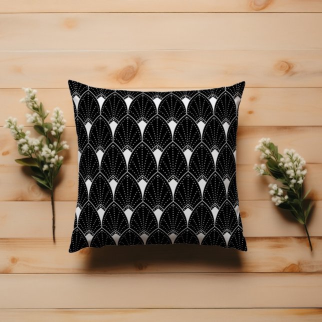 White Art Deco Pattern On Black Background Throw Pillow (Creator Uploaded)