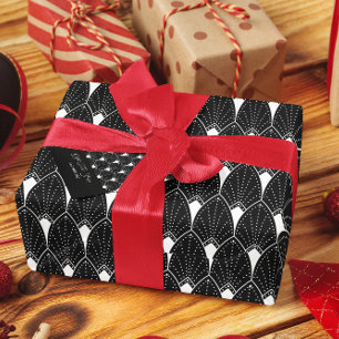 White Art Deco Pattern On Black Wrapping Paper
