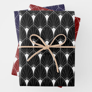White Art Deco Pattern On Black Wrapping Paper Sheets