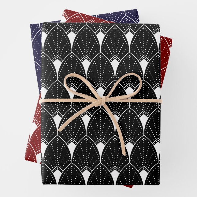 White Art Deco Pattern On Black Wrapping Paper Sheets (In situ)